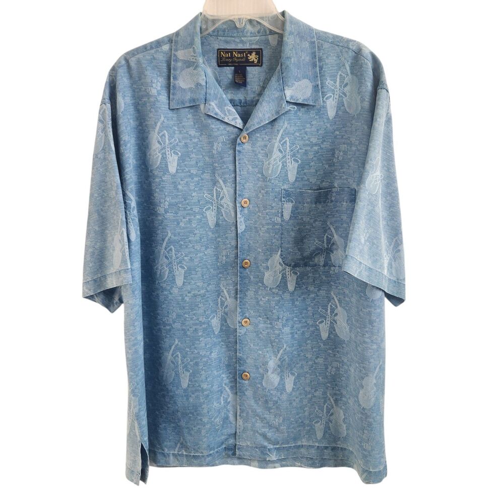 Vintage Nat Nast Luxury Originals 100% Silk Shirt L Blue Jazz Saxophone Jacquard